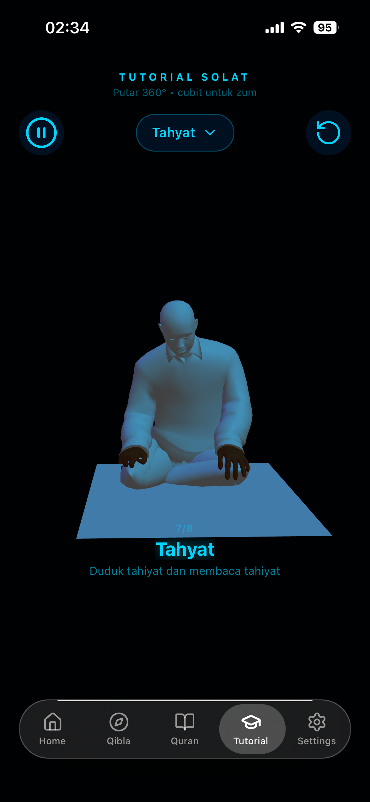 3D solat tutorial stage 7 of 8 Tahyat, 3D figure mid-prayer with rotate and zoom controls, blue accent
